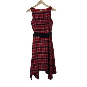 Eva Franco Midi Dress 4 Red Black Plaid Tartan Sleeveless Belted Event Classic